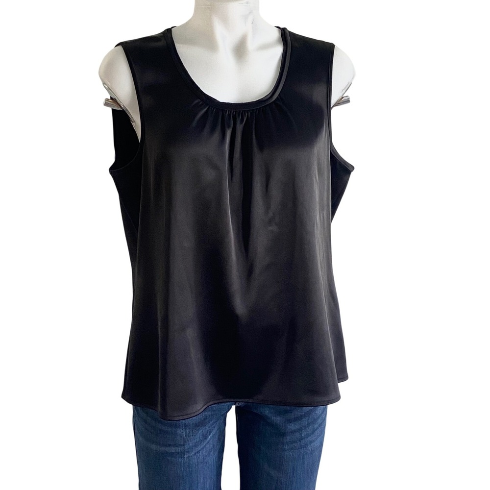 St. John Womens Black Satin Sleeveless Scoop Neck Gathered Shell Top Size L